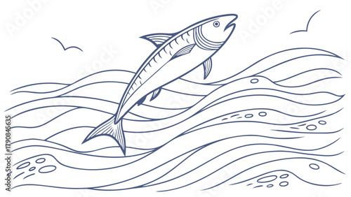 Dynamic Leaping Fish Out of Ocean Waves Line Art Illustration. Marine Life, Freedom, Success, Business Growth, Nature, Wildlife, Web Design, Print Media