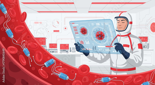 Medical nanobots destroy virus in blood stream while researcher analyzes data in laboratory