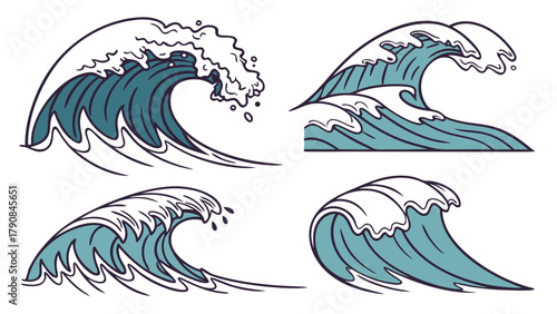 Dynamic Ocean Waves Illustration Set Hand Drawn Vector Graphics for Sea Water Surf Marine Environment Web Design Travel Branding and Nature-Themed Projects.