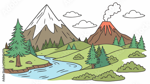 Vibrant Cartoon Landscape with Volcanic Eruption Snow Mountains River and Pine Forest for Educational Geography and Nature Exploration