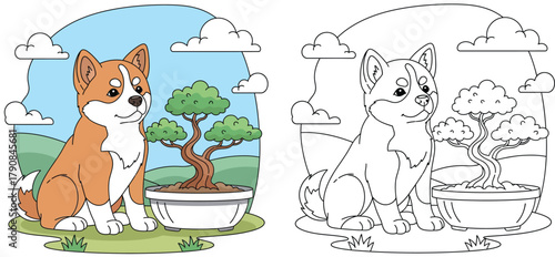 Cute Shiba Inu Dog and Bonsai Tree in a Serene Outdoor Setting - Adorable Cartoon Illustration for Coloring Book Page and Kids Activities