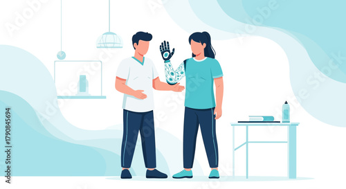 Medical professional assisting patient with robotic arm in a therapy session showing recovery and