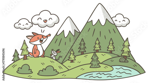Happy Cartoon Fox and Mouse Exploring Mountain Landscape for Children's Books and Outdoor Adventure