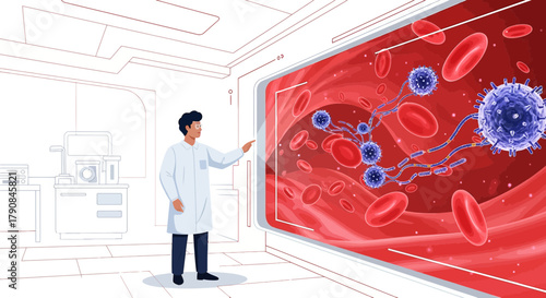 Medical professional analyzing virus infected blood cells on a screen in a laboratory