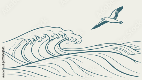 Dynamic Ocean Waves and Flying Seagull Line Art for Summer Travel Adventure and Coastal Lifestyle Web Design