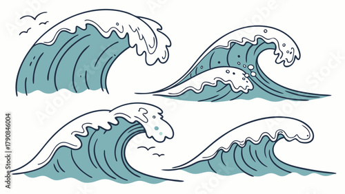 Dynamic Hand Drawn Ocean Waves Set. Cartoon Sea Water Illustration for Web Design, Travel, Summer Vacation, Beach Backgrounds, Kids Books, Apps.