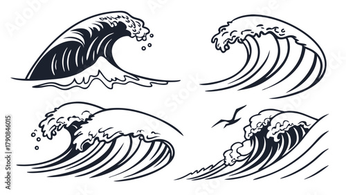 Powerful Ocean Waves Vector Illustrations for Travel Surf and Marine Design Dynamic Sea Water Elements for Nature and Adventure Branding Graphics