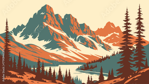 Majestic Mountain Landscape Vintage Poster Art with Lake and Pine Forest for Nature Travel Tourism Outdoor Adventure Web Design