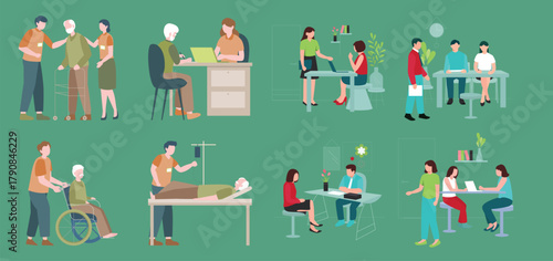 Care Service and Casual Interview Illustration – Modern Vector Art Collection