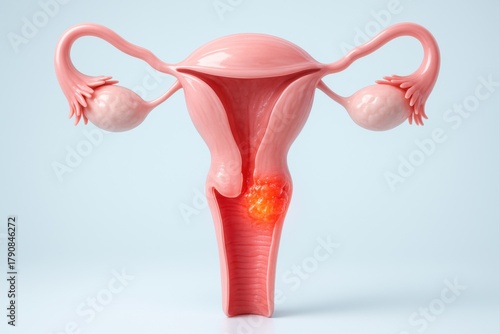 Detailed 3D medical illustration showing a malignant tumor or cancerous growth (carcinoma) located within the uterus of the female reproductive system. Women's health and oncology concept