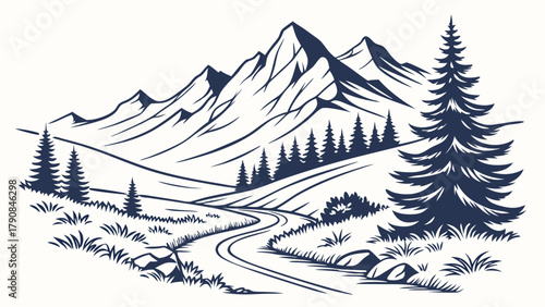 Vector Line Art Mountain Landscape Illustration Winding Road Pine Trees for Outdoor Adventure Travel Branding Web Design Apps Logos