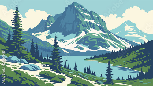 Flat Design Mountain Landscape Vector Art with Serene Alpine Lake and Lush Forest for Travel Nature Web Design and Outdoor Adventure Backgrounds
