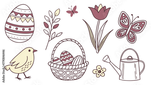 Hand Drawn Easter Spring Elements Set. Cute Doodle Holiday Icons for Greeting Cards, Social Media, Web Design, Kids Crafts and Seasonal Decorations.