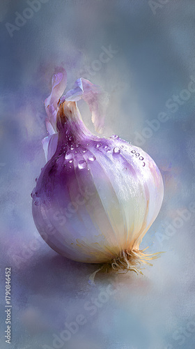 Ethereal Purple Onion with Dewdrops in Misty Blue Background, Artistic Macro Shot of Fresh Onion with Soft Glow and Atmospheric Fog

