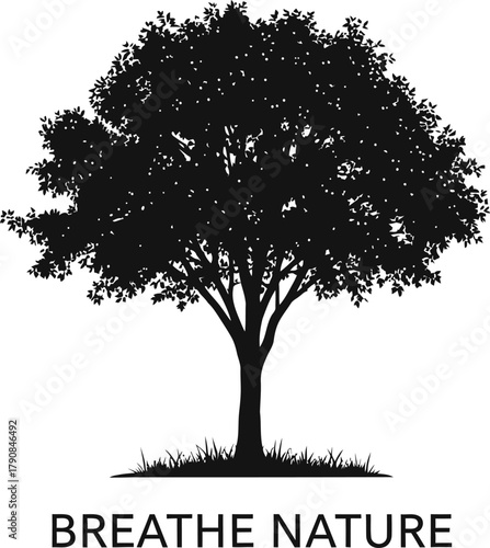 Silhouette of a lush tree with the words breathe nature below, , symbolizing environmental awareness and connection with nature