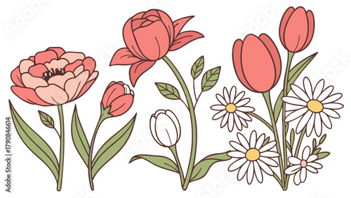 Vibrant Hand Drawn Spring Flowers Set with Pink Peonies Tulips and White Daisies for Wedding Invitations Social Media and Product Packaging