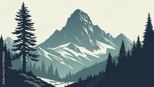 Minimalist Mountain Landscape with Pine Forest and River Serene Nature Illustration for Outdoor Adventure Travel and Eco-Friendly Branding