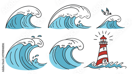 Hand Drawn Cartoon Ocean Waves and Lighthouse Vector Set. Blue Sea Water, Breaking Surf, and Coastal Beacon for Nautical Theme and Summer Vacation Design.