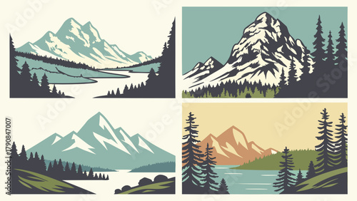 Majestic Mountain Landscapes Vector Set with Pine Forests Lakes and Snow Peaks for Outdoor Adventure Travel Tourism and Nature Web Design