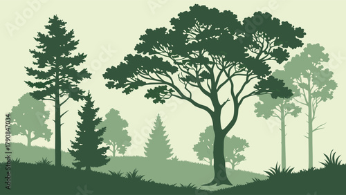 Layered Forest Silhouette Landscape for Eco-Friendly Web Design, Nature Conservation, and Sustainable Growth Marketing