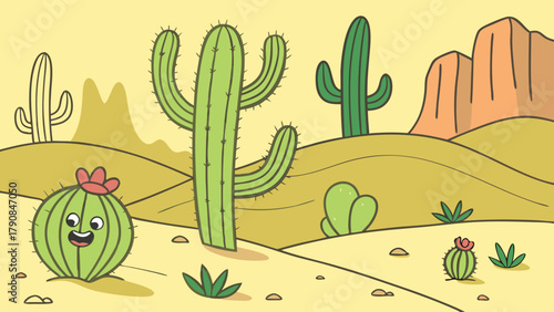 Happy Cartoon Cactus Character Smiling in Sunny Desert Cute Vector Illustration for Kids Education Nature Themes and Summer Design Projects