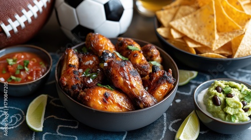 A bowl of barbecue chicken wings with nachos and dips for a game day party. Appetizer spread with football and soccer balls for a sports viewing event