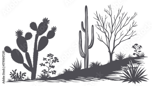 Desert Landscape Illustration with Saguaro and Prickly Pear Cacti Thriving. Arid Nature Scene for Travel, Tourism, Education, Web Design.