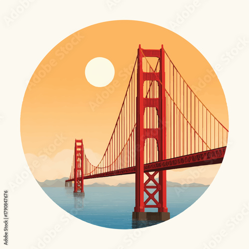 Golden Gate Bridge at sunset vector illustration showcasing San Francisco landmark with orange sky and calm ocean waters perfect for travel brochures and tourism marketing