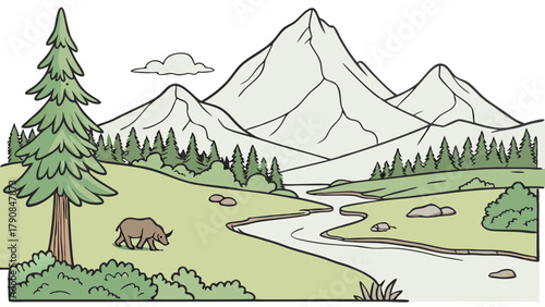 Peaceful Mountain River Forest Landscape Illustration with Wild Animal Grazing. Serene Nature Scene for Outdoor Recreation, Travel, and Environmental Education