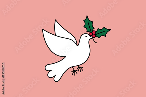 A white dove carrying a sprig of holly with red berries in its beak, symbolizing peace and the holiday season.