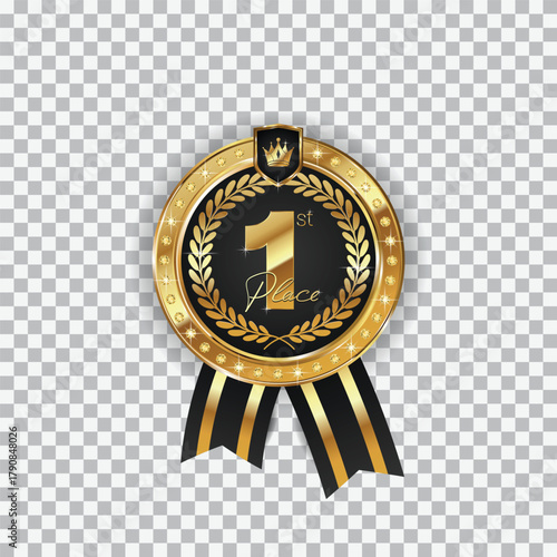 1st Place Award Badge Emblem with Luxury Diamond Gold Design and Shiny Black Ribbon