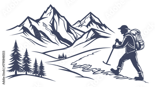 Determined Hiker Ascending Majestic Mountain Trail. Adventure Travel, Outdoor Exploration, and Personal Growth Journey Vector Illustration for Business Challenge.