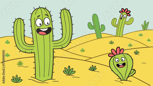 Happy Cartoon Cactus Family Smiling in Sunny Desert Cute Characters for Kids Education Web Design and Summer Marketing
