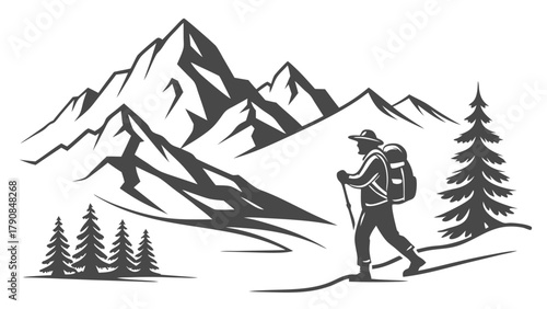 Mountain Hiker Silhouette Vector Illustration for Outdoor Adventure Travel Tourism and Exploration Journey Web Design