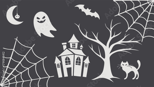 White Halloween Silhouette Elements Set on Dark Background Ghost Haunted House Bat Cat Tree Moon Spiderweb for Spooky Holiday Design and Party Decor