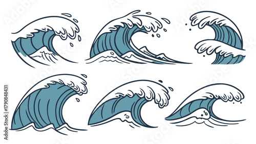 Hand Drawn Ocean Waves Vector Set. Dynamic Sea Water Illustrations for Summer Beach Design, Web Graphics, App Icons, Travel Branding.