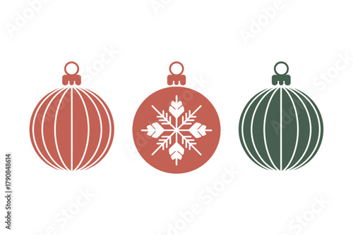 Three Christmas ornaments, one with a snowflake design, are displayed on a white background, representing holiday decorations.