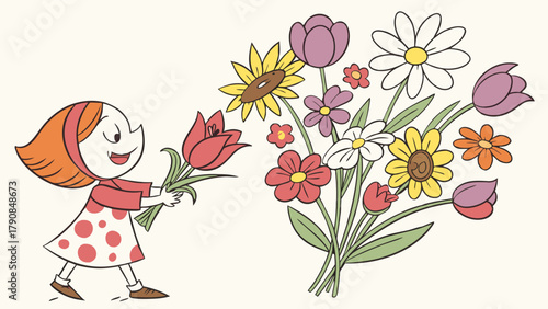 Smiling Cartoon Girl Giving Tulip to Flower Bouquet for Spring Celebration Mother's Day and Appreciation
