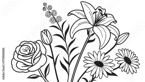 Elegant Line Art Floral Bouquet Illustration with Rose, Lily, Daisy, Tulip for Coloring Books, Wedding Invitations, Spring Craft Projects