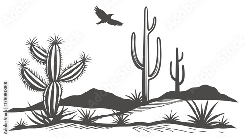 Monochrome Desert Landscape Vector Illustration with Saguaro Cactus, Barrel Cactus, and Flying Bird. Arid Nature Scene for Travel and Outdoor Design.