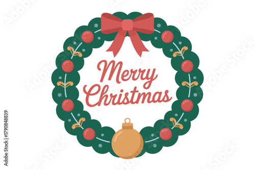 A festive green Christmas wreath with red ornaments, a red bow, and the words 'Merry Christmas' adorns the image.