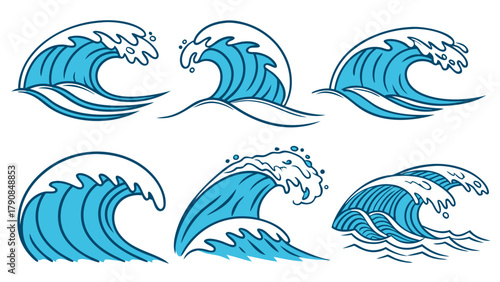 Dynamic Crashing Ocean Waves Vector Set for Summer Vacation Travel Tourism Surf Shop Branding Web Design and Environmental Campaigns