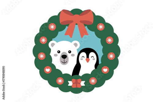 A cute polar bear and penguin peek out from a festive Christmas wreath adorned with a red bow and ornaments, creating a charming holiday greeting.