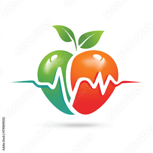 Healthy Heart and Wellness Concept featuring a Green and Orange Apple intersected by an EKG Waveform for Medical and Nutritional Health Promotion