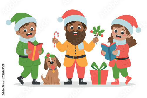 A joyful group of children, an adult, and a dog dressed in festive holiday attire are singing Christmas carols together while holding songbooks and decorations.