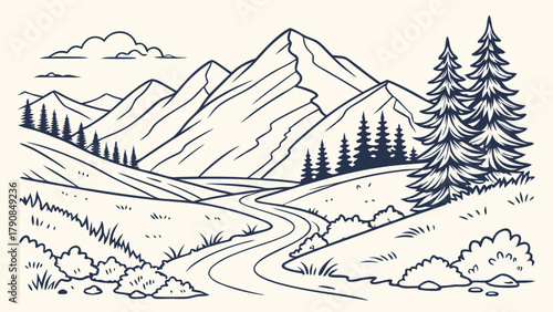 Winding Road Through Mountain Landscape Line Art Illustration. Nature Adventure Travel Design for Outdoor Recreation, Tourism, Web, and Print Media.