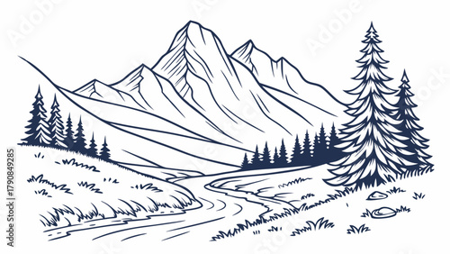 Peaceful Hand Drawn Mountain Landscape Vector Illustration with River and Pine Forest. Ideal for Outdoor Adventure, Travel, and Nature Brand Design.
