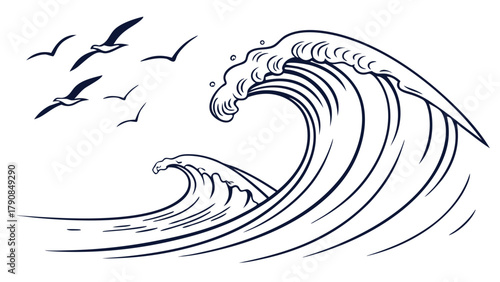 Dynamic Vector Line Art Ocean Waves Crashing with Flying Seagulls for Coastal Travel Surfing Summer Beach Vacation