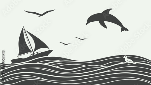 Monochrome Sailboat on Wavy Ocean with Leaping Dolphin and Flying Seagulls Vintage Marine Illustration for Travel Nature Nautical Design