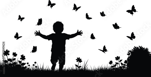 Flat vector, child silhouette in grassy field with butterflies, nature illustration design, innocence joy artwork, outdoor environment drawing template